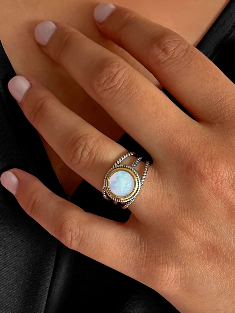 Bague en Argent 925 partiellement doré Or jaune 18k assemblée de Pierre de lune - Maison Di Giorgio
