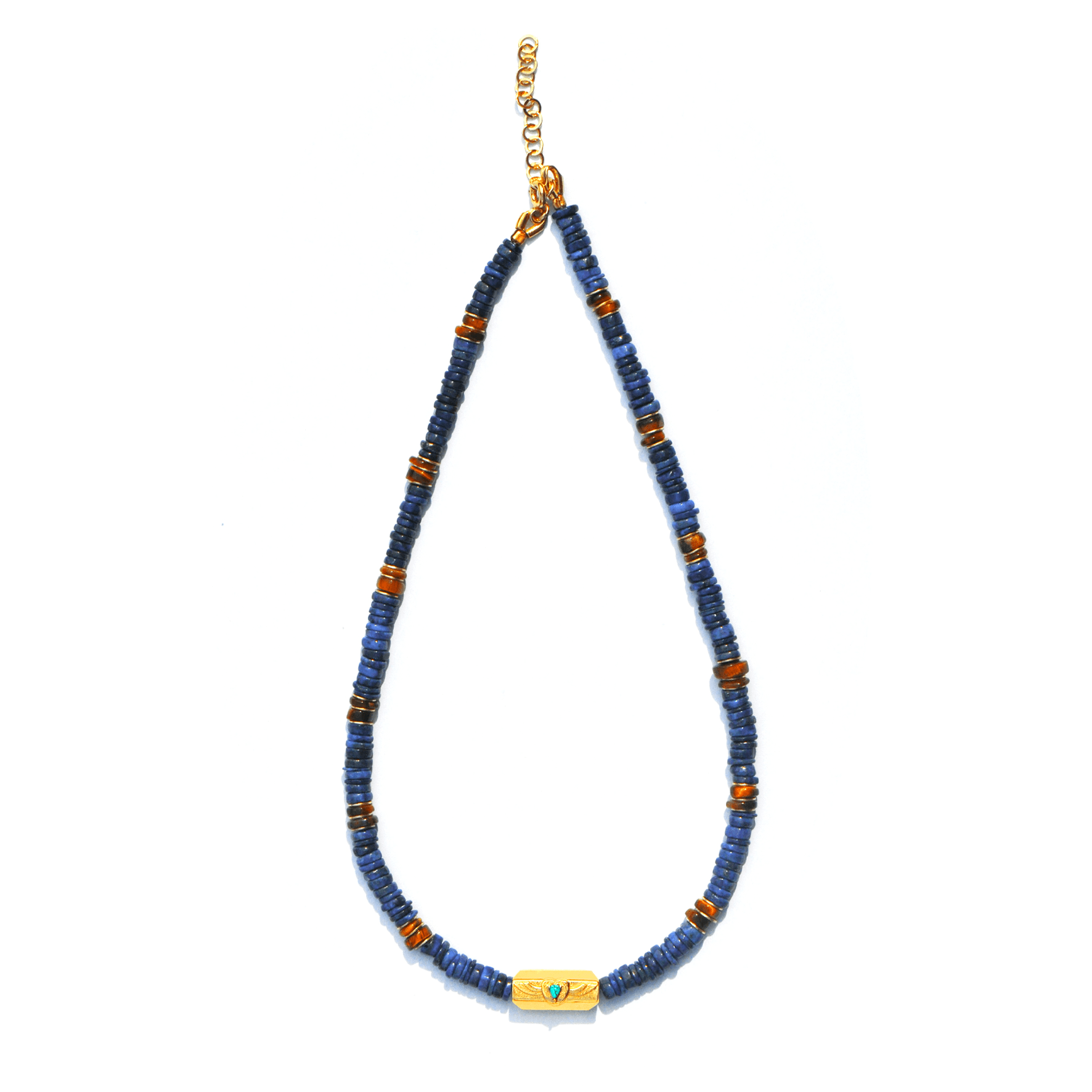 Collier perles doré Or jaune 18k, Lapis-lazuli, Oeil de tigre, Turquoise - Maison Di Giorgio