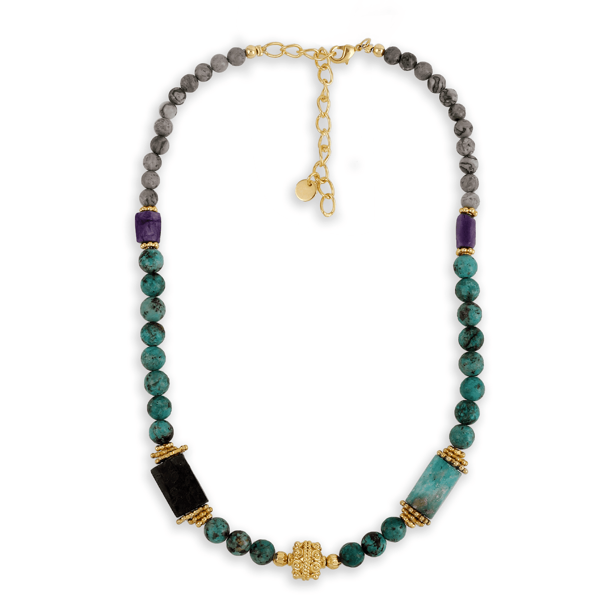 Collier doré Or jaune 18k, Jaspe Picasso, Charoite, Turquoise, Amazonite, Onyx noir - Maison Di Giorgio