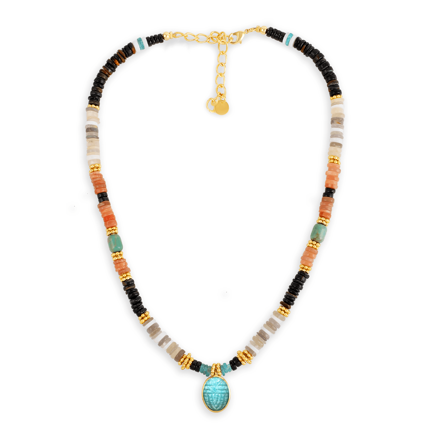 Collier perles doré Or jaune 18k, Oeil de tigre, Agate, Aventurine, Turquoise, Onyx et Apatite - Maison Di Giorgio