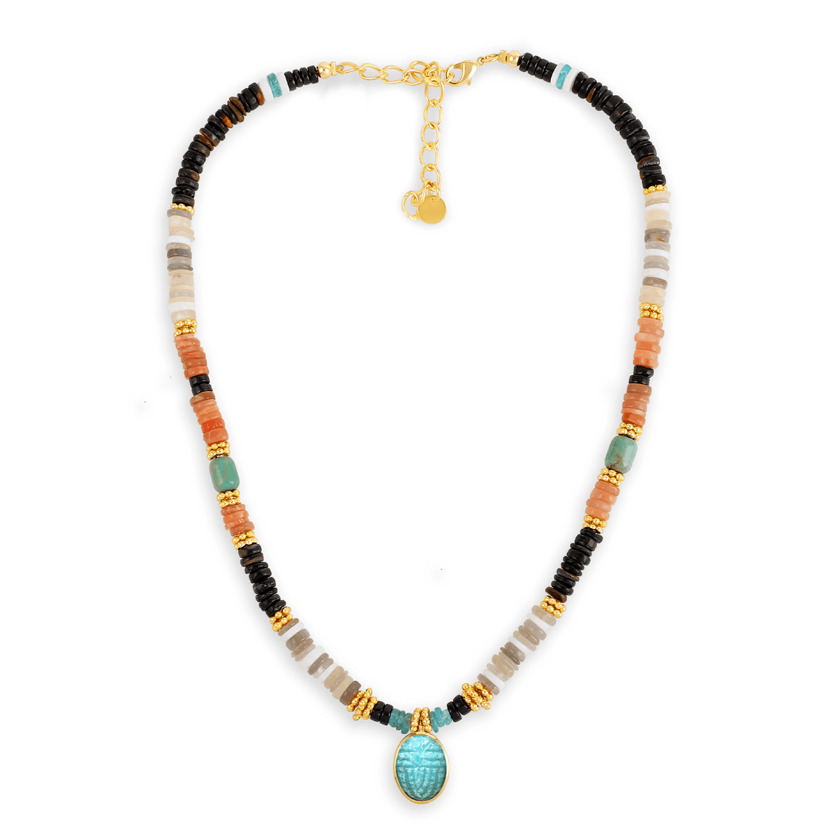 Collier perles doré Or jaune 18k, Oeil de tigre, Agate, Aventurine, Turquoise, Onyx et Apatite - Maison Di Giorgio